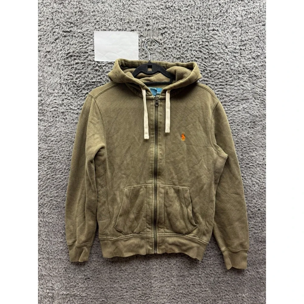 Polo Ralph Lauren Waffle Knit Fleece Full Zip Hoodie Olive Green Mens Size S
